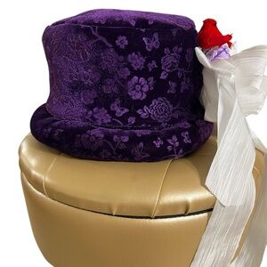Purple Floral Velvet Hat with White Ribbon